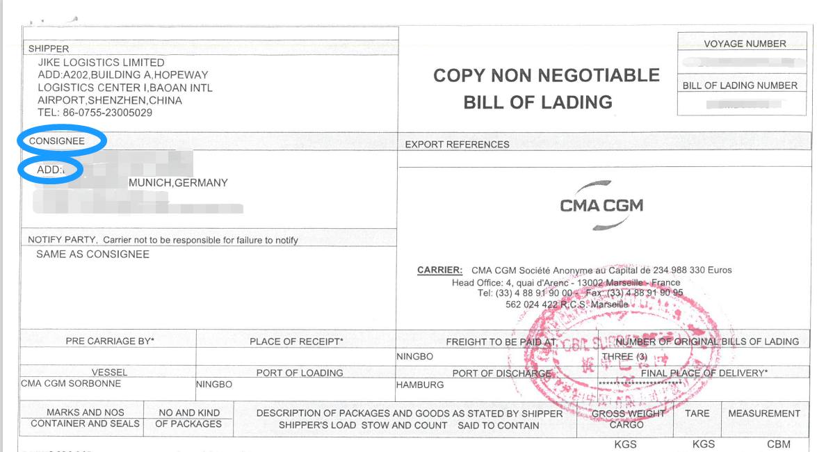 consignee's address